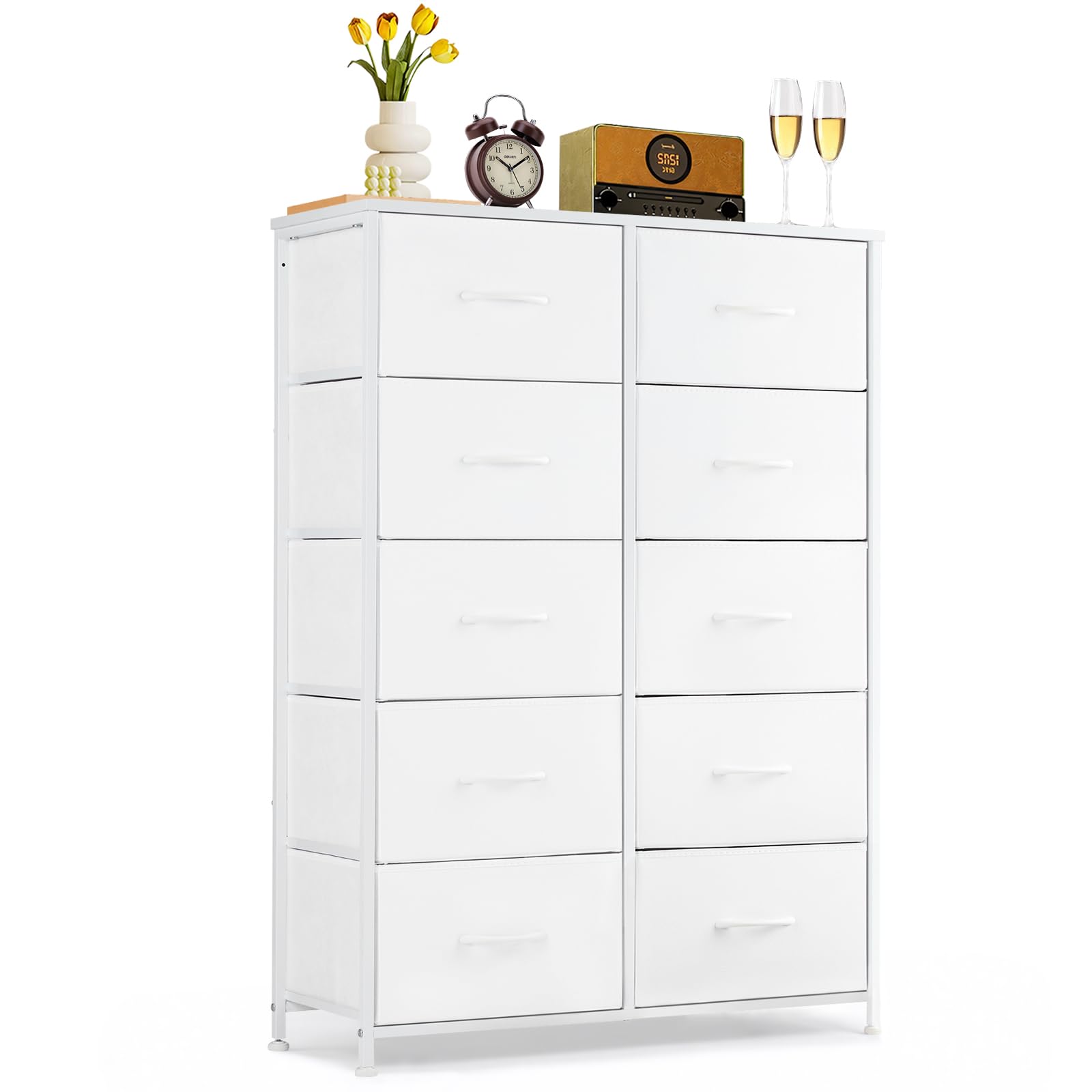 SageNest 10-drawer dresser with wood top, sturdy design for bedrooms and clutter control.