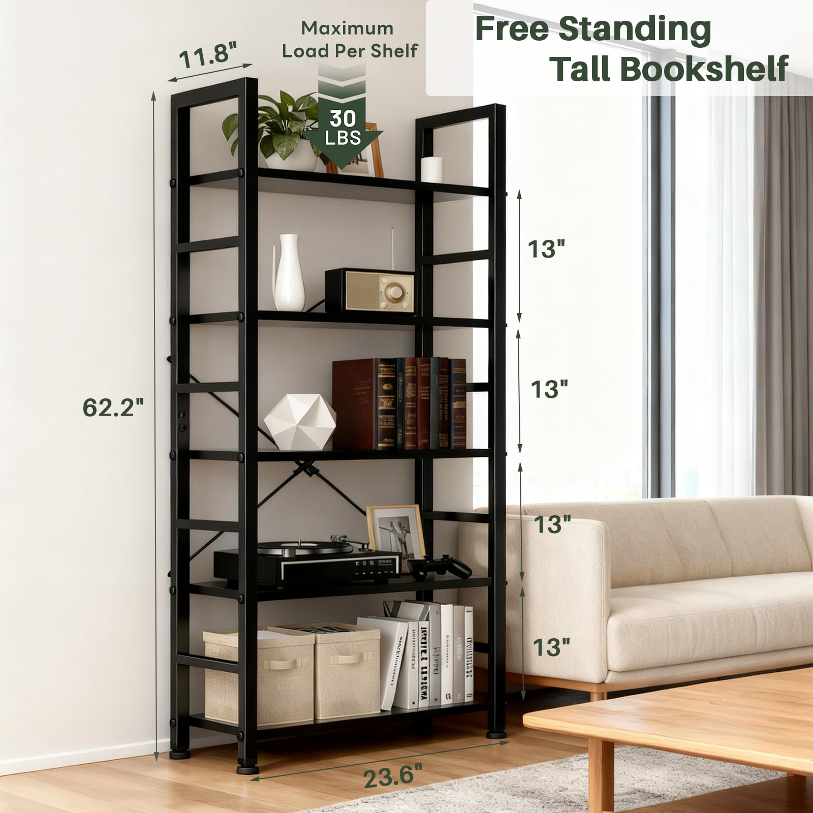 SageNest 13-inch shelf height per tier fits tall books and photos.
