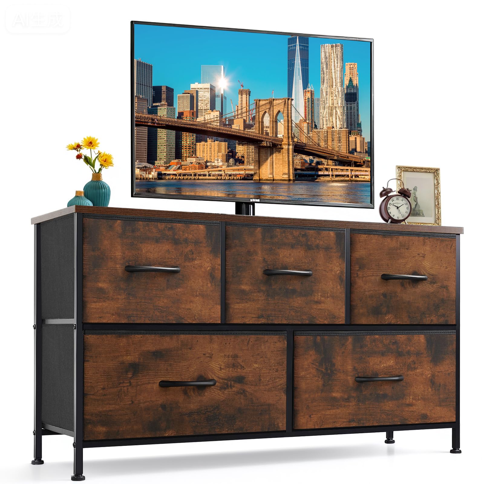 SageNest 5-drawer dresser with wood top and metal frame offers sturdy storage