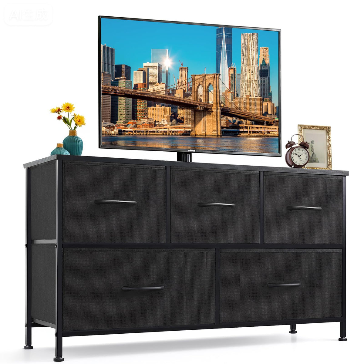 SageNest 5-drawer dresser with wooden top provides sturdy surface for lamps and decor.