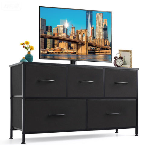 SageNest 5-drawer dresser with wooden top provides sturdy surface for lamps and decor.