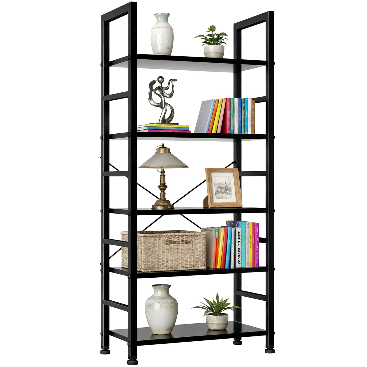 SageNest 5-tier bookcase with open shelves and metal frame for sturdy display.