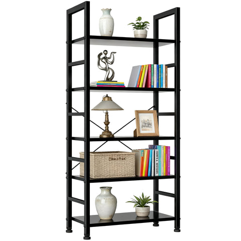 SageNest 5-tier bookcase with open shelves and metal frame for sturdy display.