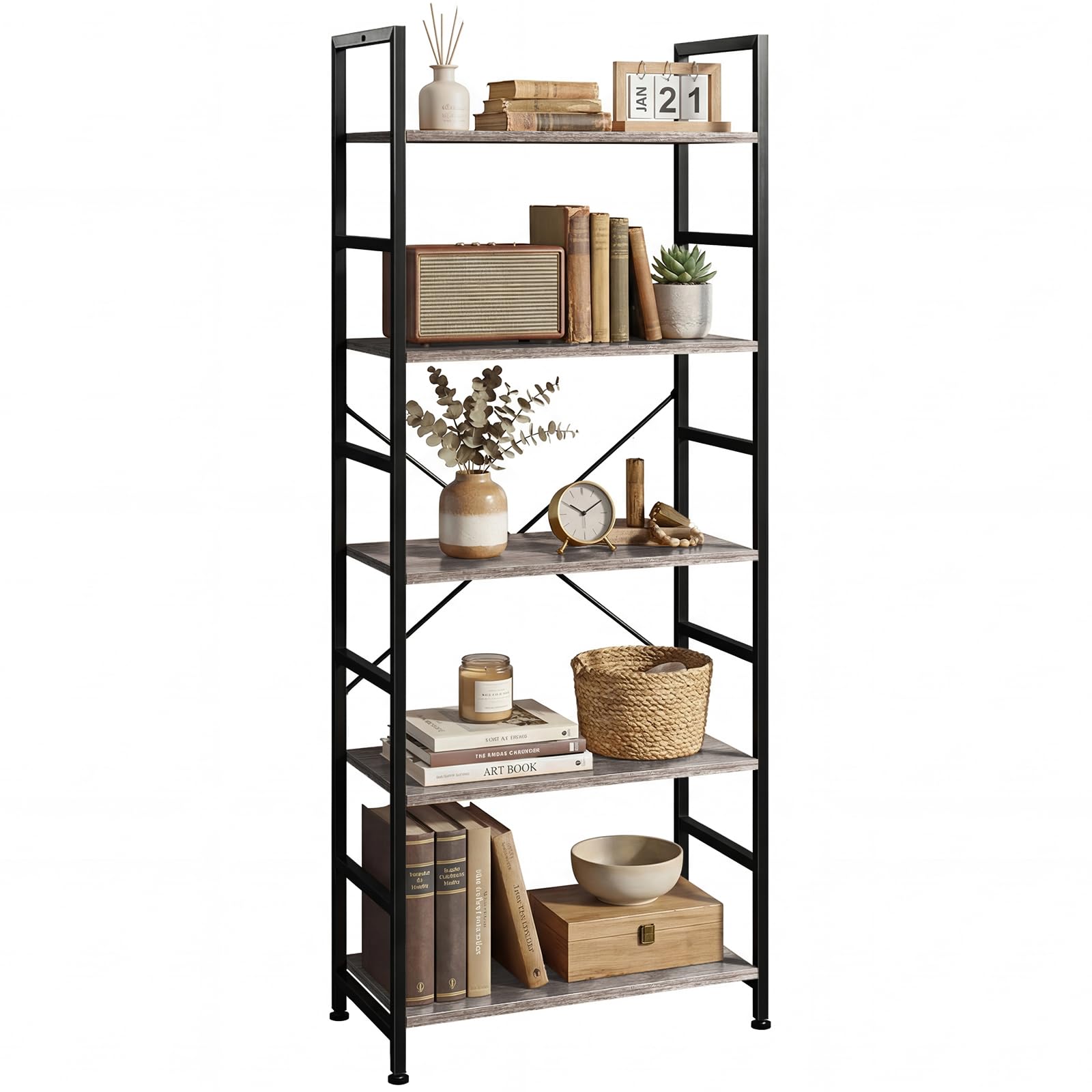 SageNest 5-Tier Bookshelf front view showing tall storage for books and décor
