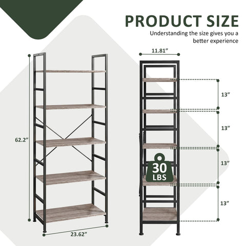 SageNest 5-Tier Bookshelf side view demonstrates compact footprint for small spaces
