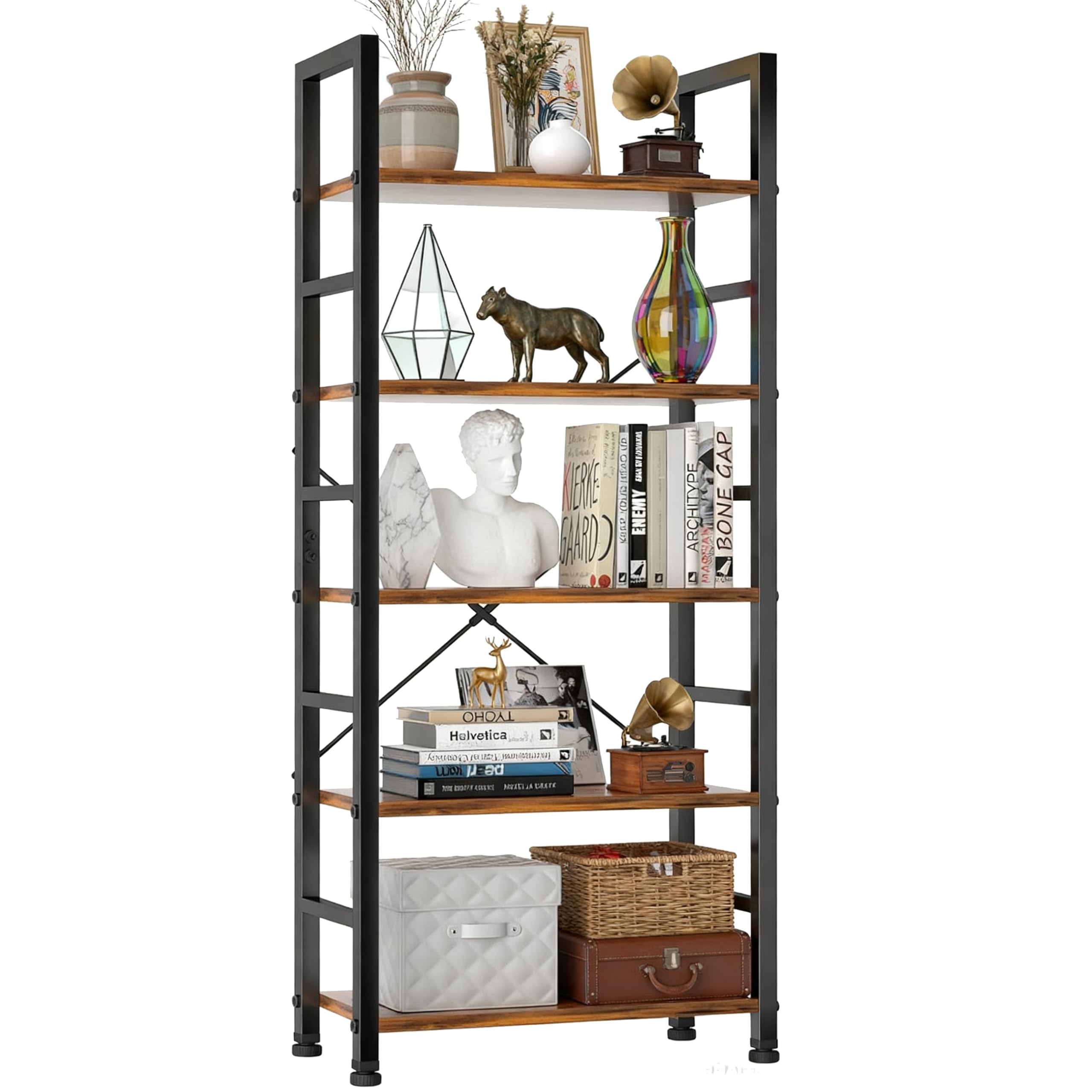 SageNest 5-tier bookcase with metal frame showing sturdy assembly for reliable storage
