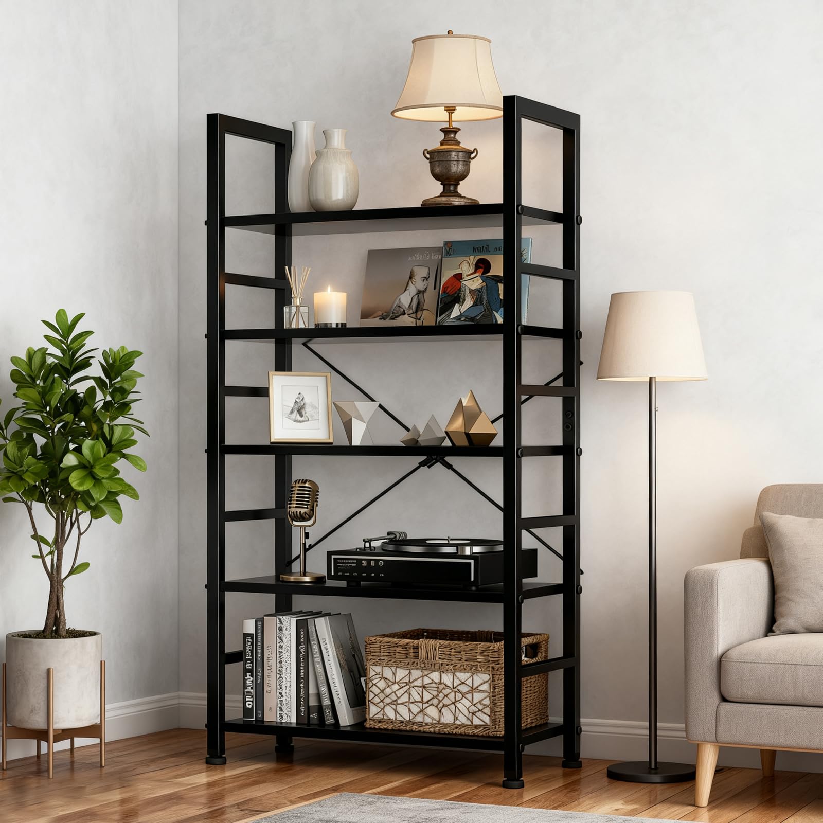 SageNest 62-inch tall black industrial bookcase ideal for books and decor.