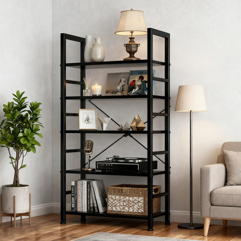 SageNest 62-inch tall black industrial bookcase ideal for books and decor.