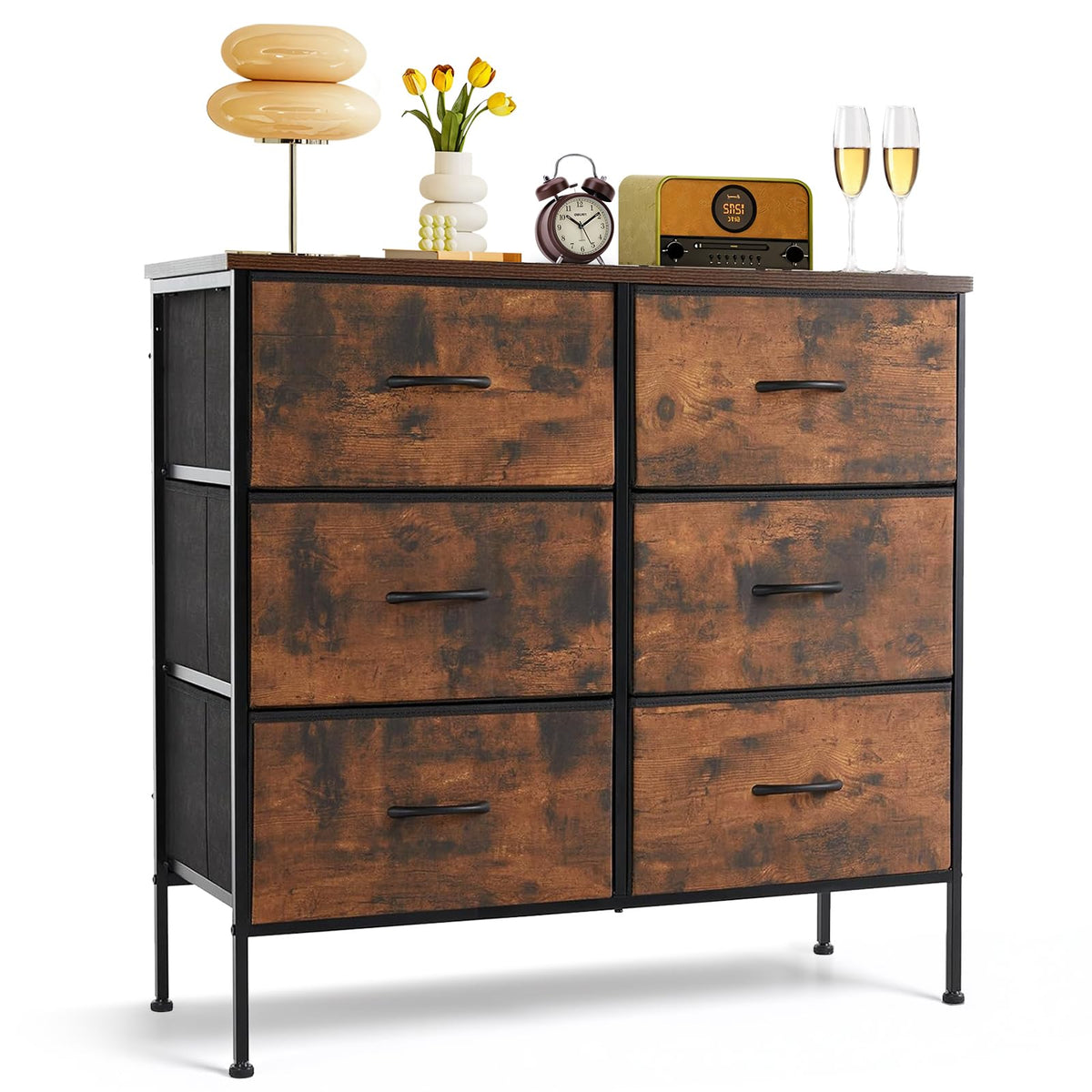 SageNest 6-drawer dresser with wood top provides sturdy surface for lamps and decor.
