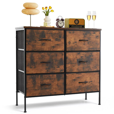 SageNest 6-drawer dresser with wood top provides sturdy surface for lamps and decor.