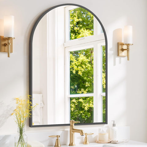SageNest arched mirror with black metal frame brightens bathrooms