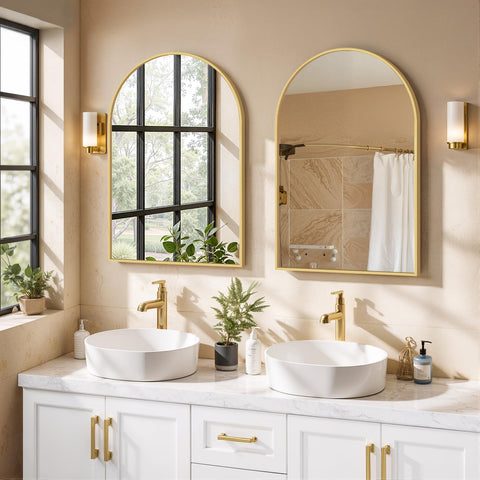 SageNest arched mirror enhances living room light and perceived space.