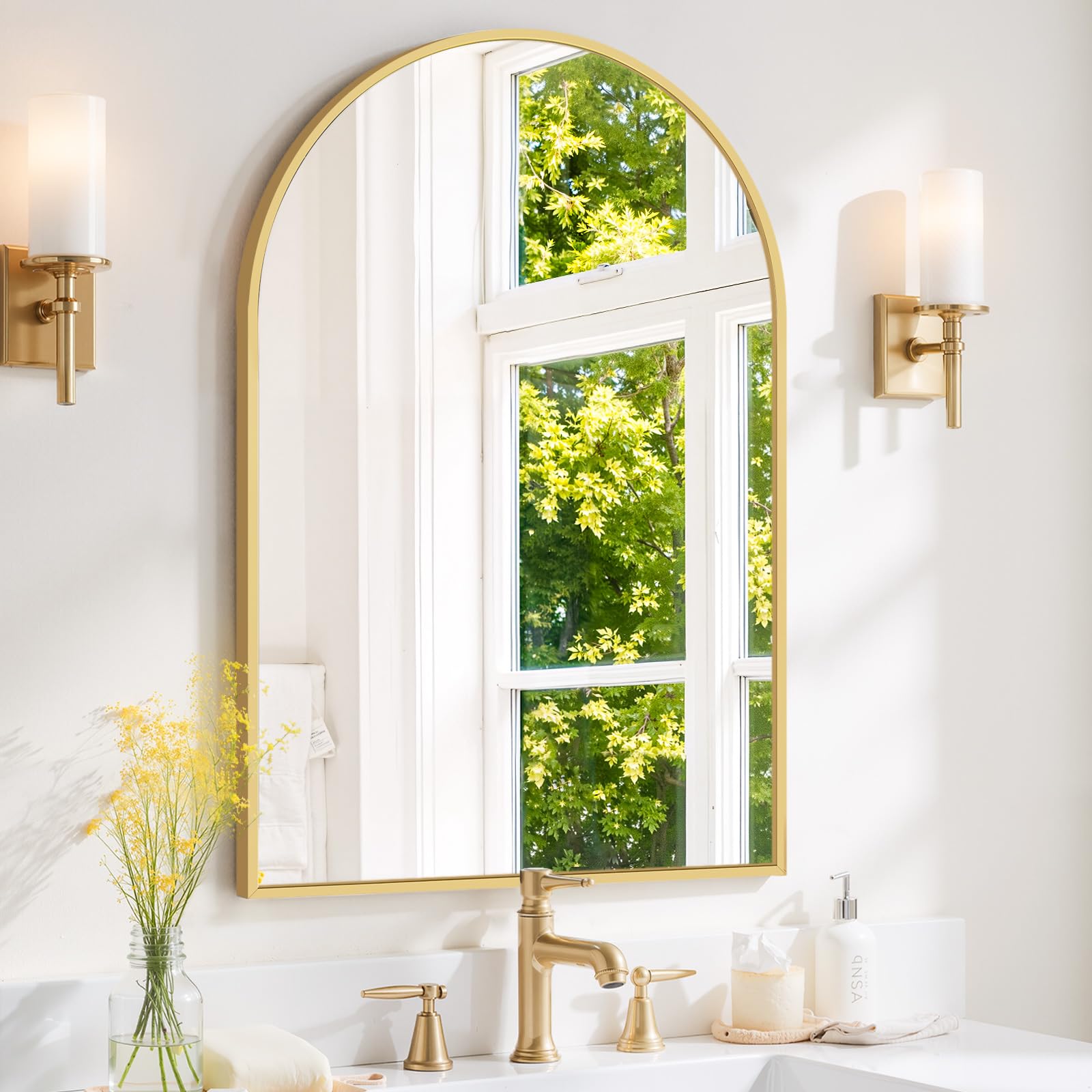 SageNest arched wall mirror with gold frame brightens any wall.
