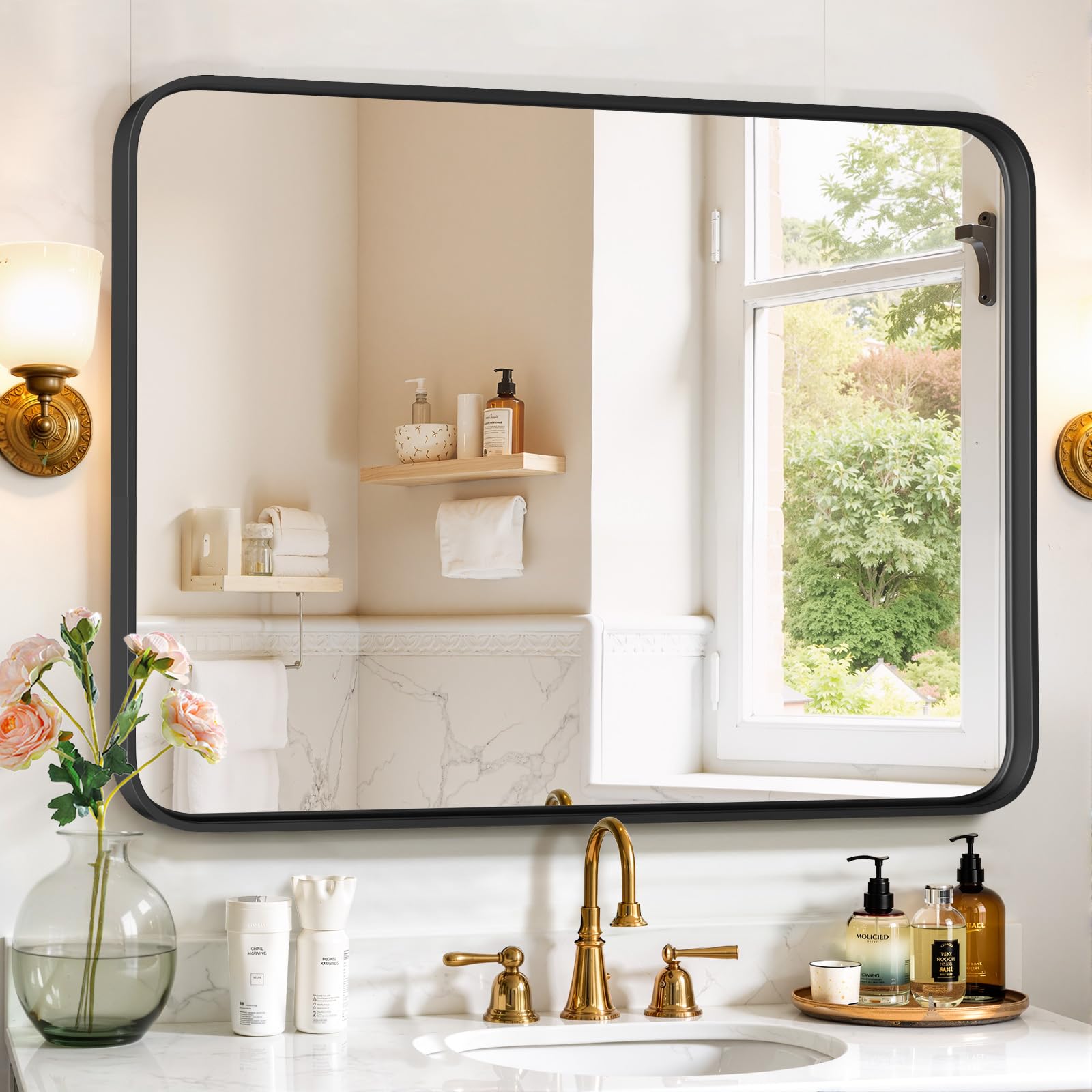 SageNest bathroom mirror 40x30 with black frame provides crystal-clear grooming reflections.