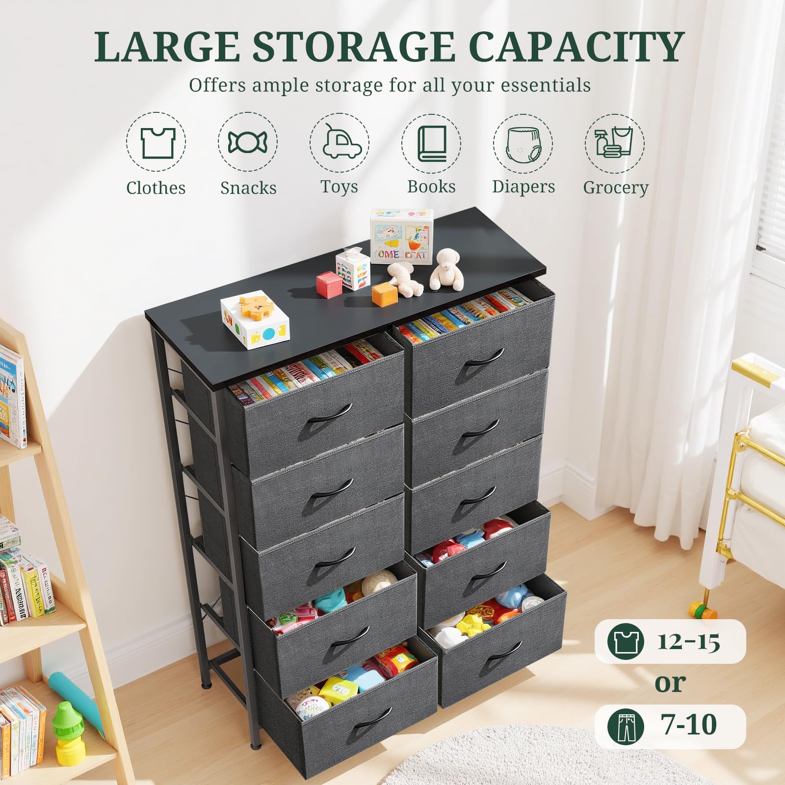 Breathable fabric drawers protect garments while reducing clutter.