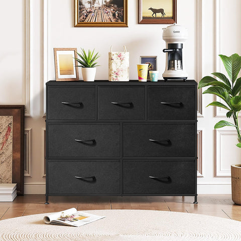 SageNest dresser side view shows slim metal frame and fabric drawers.