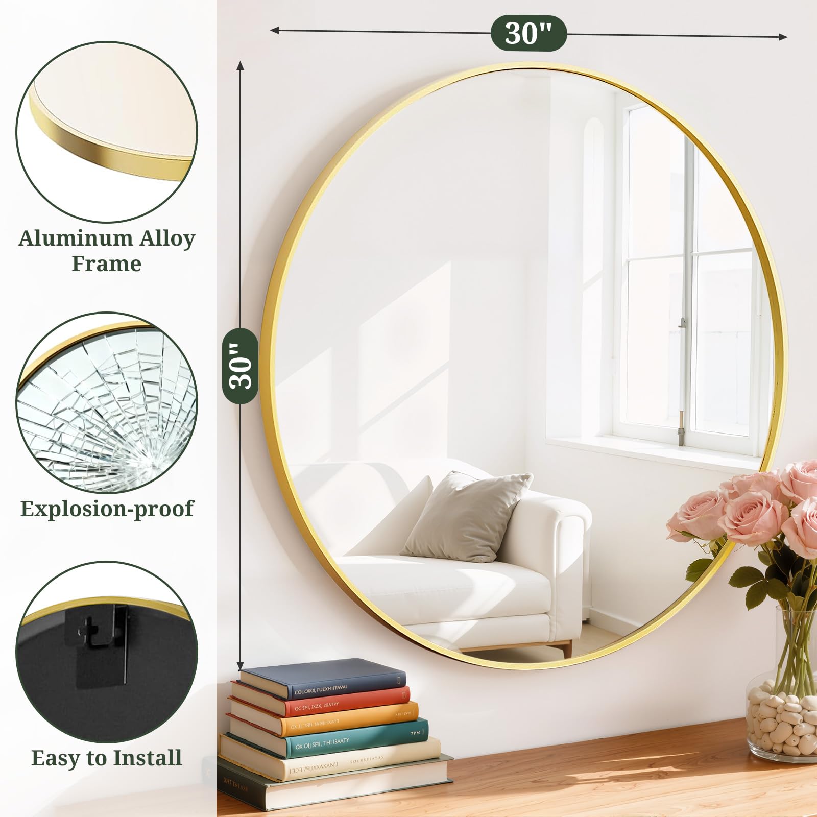 SageNest gold metal frame round mirror adds a luxurious focal point to living rooms and entryways.
