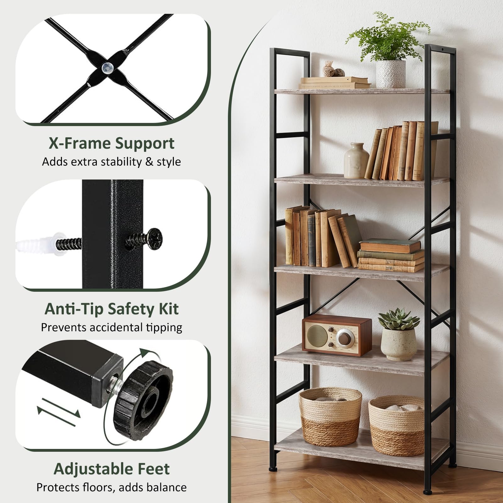 SageNest industrial bookcase with metal frame emphasizes durability for daily use