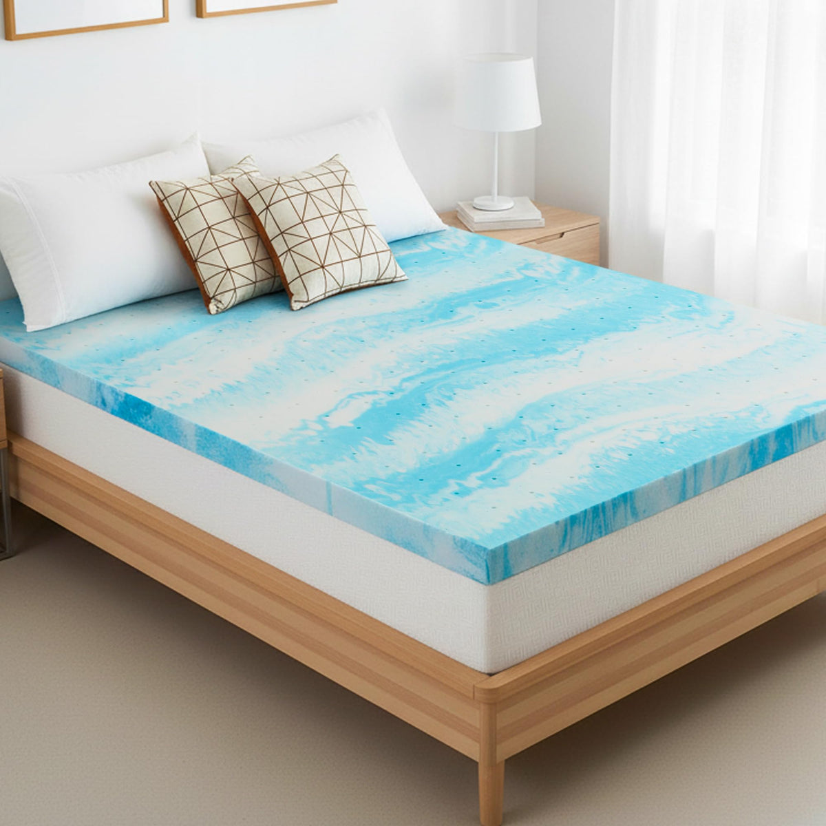 SageNest King memory foam topper in box, ready for quick setup on your bed.