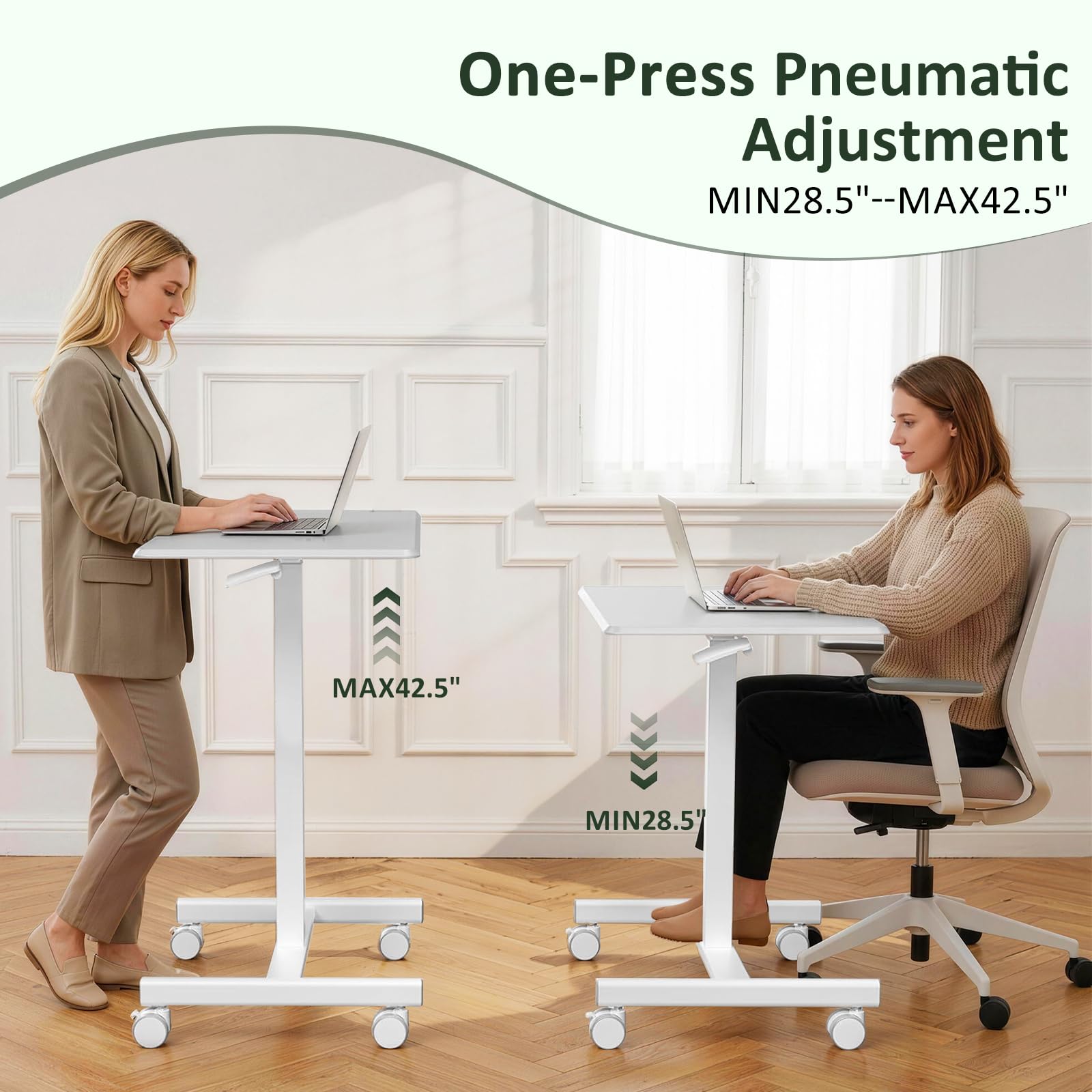 SageNest movable desk with caster wheels for easy room-to-room setup.