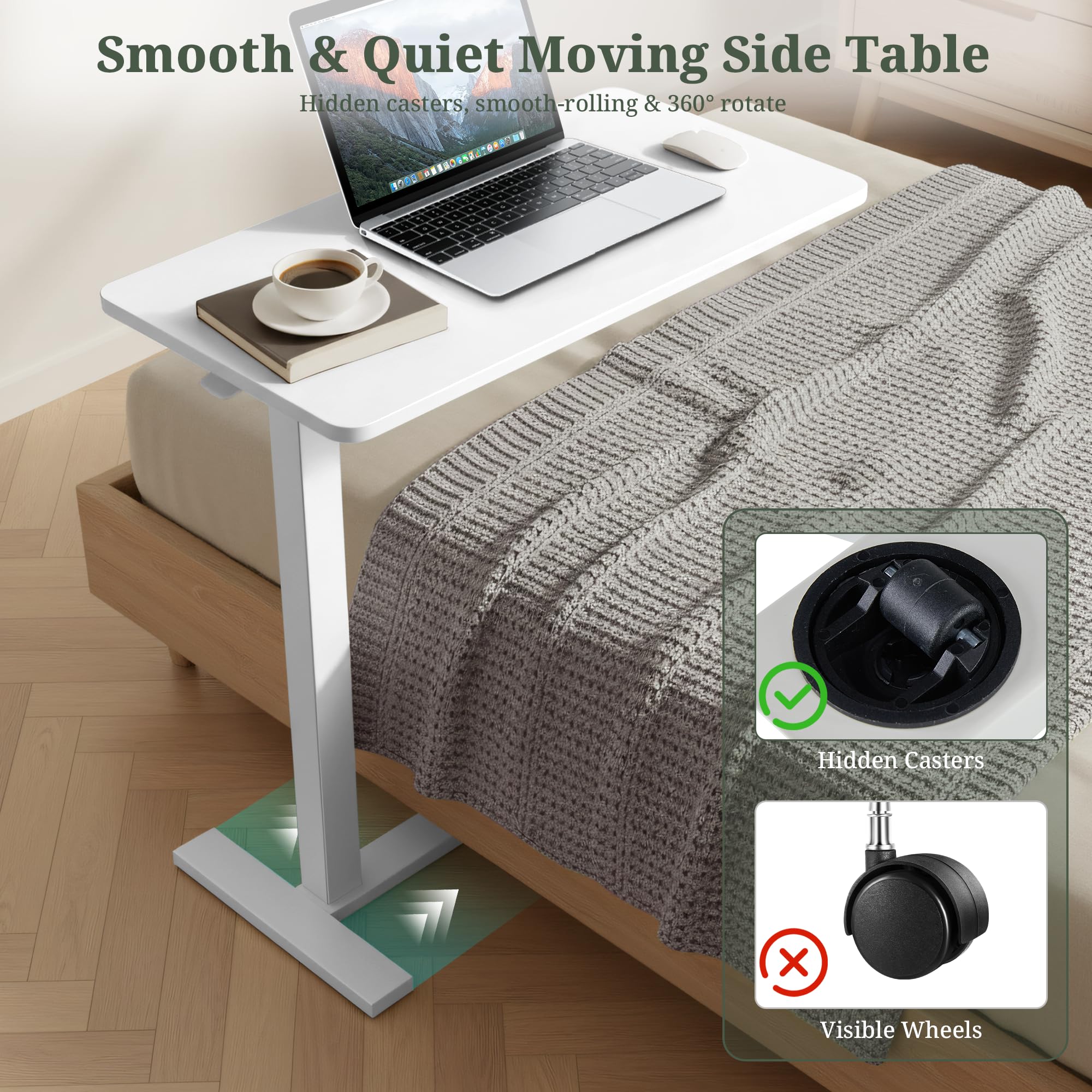 SageNest desk showing 360-degree wheels and hidden casters for quiet movement