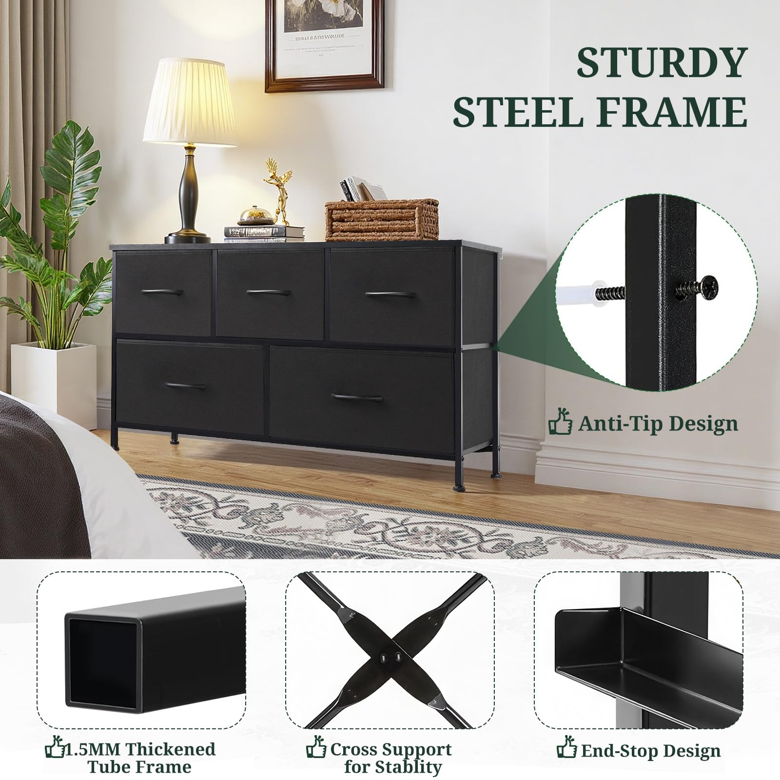 SageNest modern-bedroom dresser blends wood and fabric for a clean style.