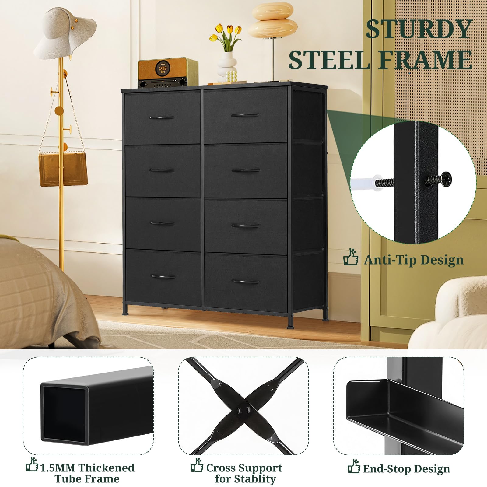 SageNest modern wood-and-fabric dresser blends rustic charm with contemporary style.