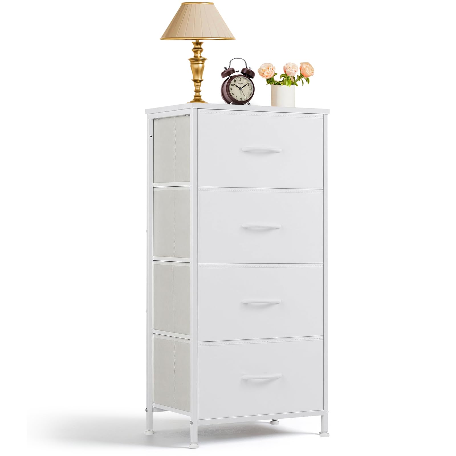 SageNest four-drawer nightstand with wooden top and steel frame, top-view showing storage space