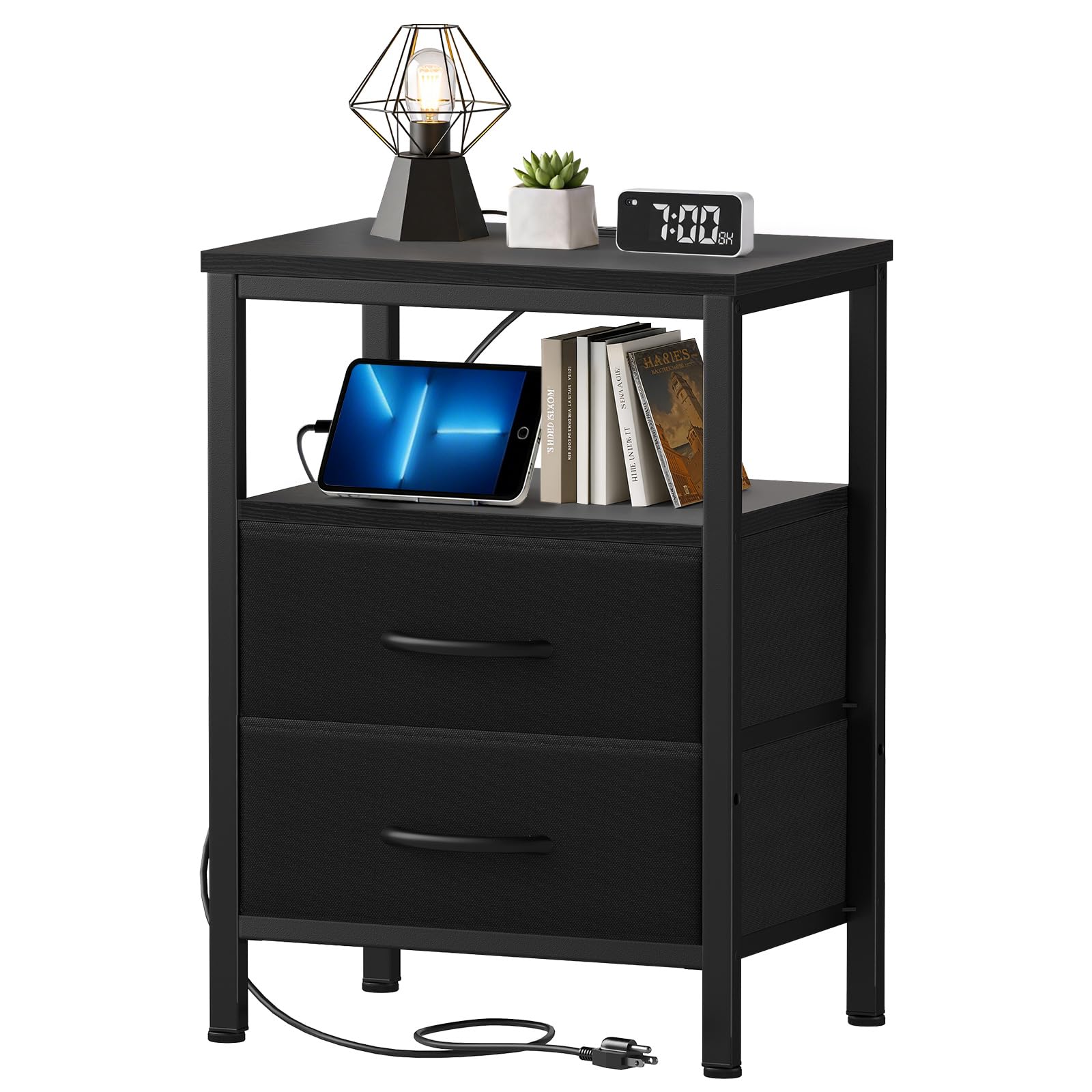SageNest nightstand with charging station and wood top provides convenient power access beside the bed.