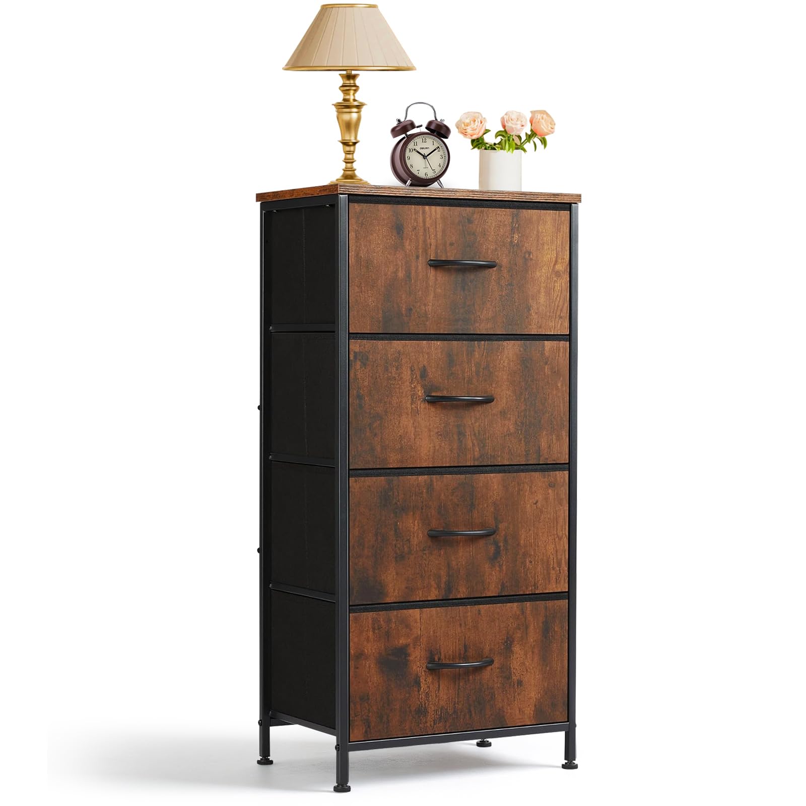 SageNest nightstand four-drawer with brown wooden top for organized clothing and accessories.