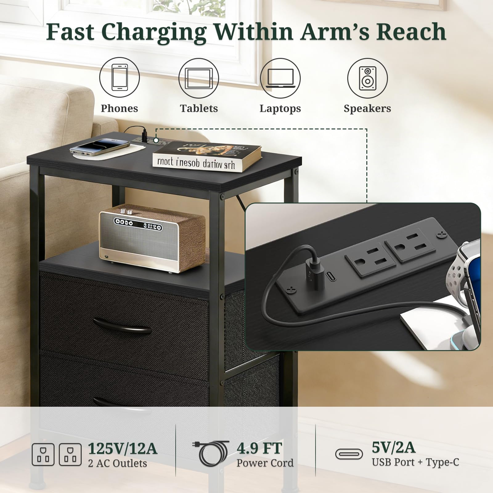 SageNest reinforced-frame creates a stable nightstand for daily use.