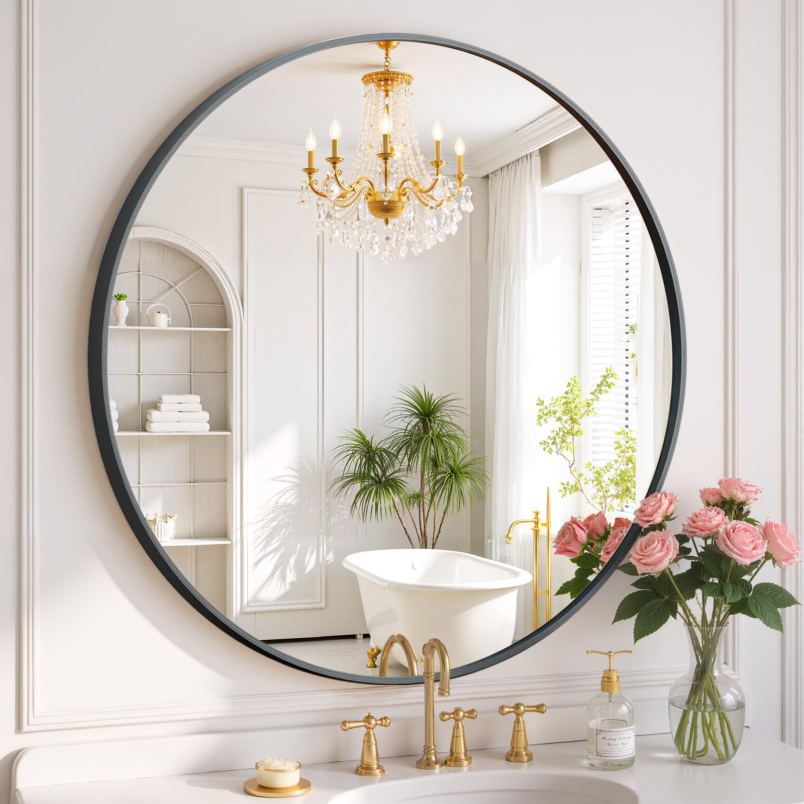 SageNest round mirror with 30in black frame brightens spaces