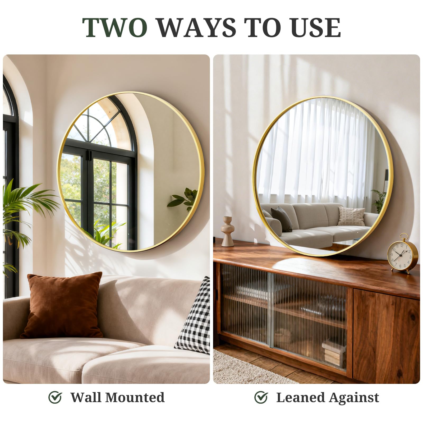 SageNest round mirror complements bathroom decor and creates a chic focal point.