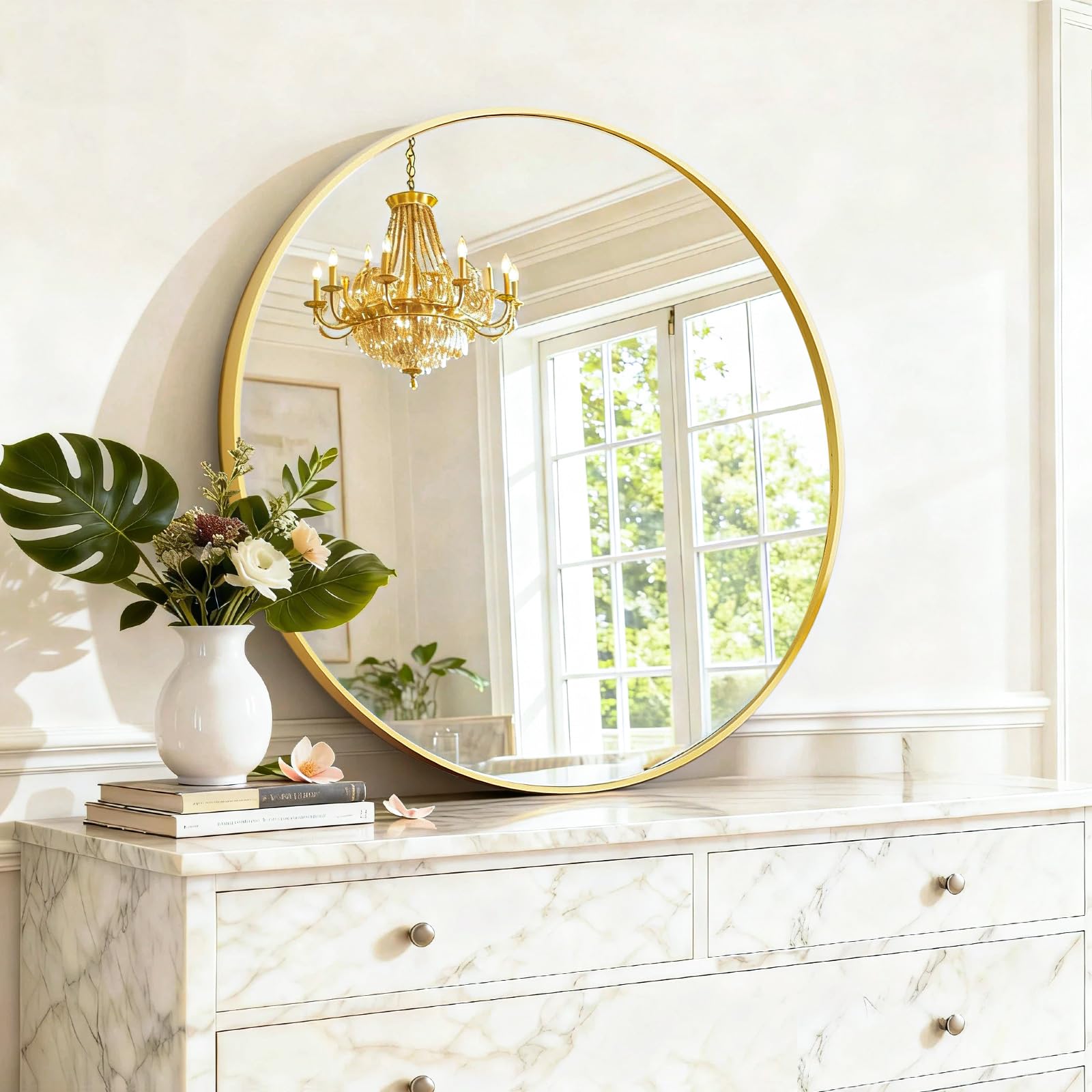 SageNest round wall mirror above the entryway dresser enhances style and function.