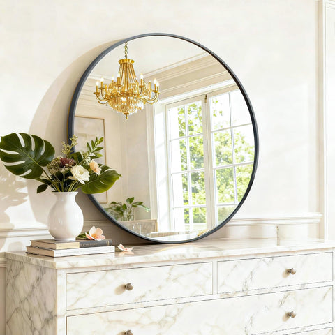 SageNest round mirror entryway setup creates welcoming focal point