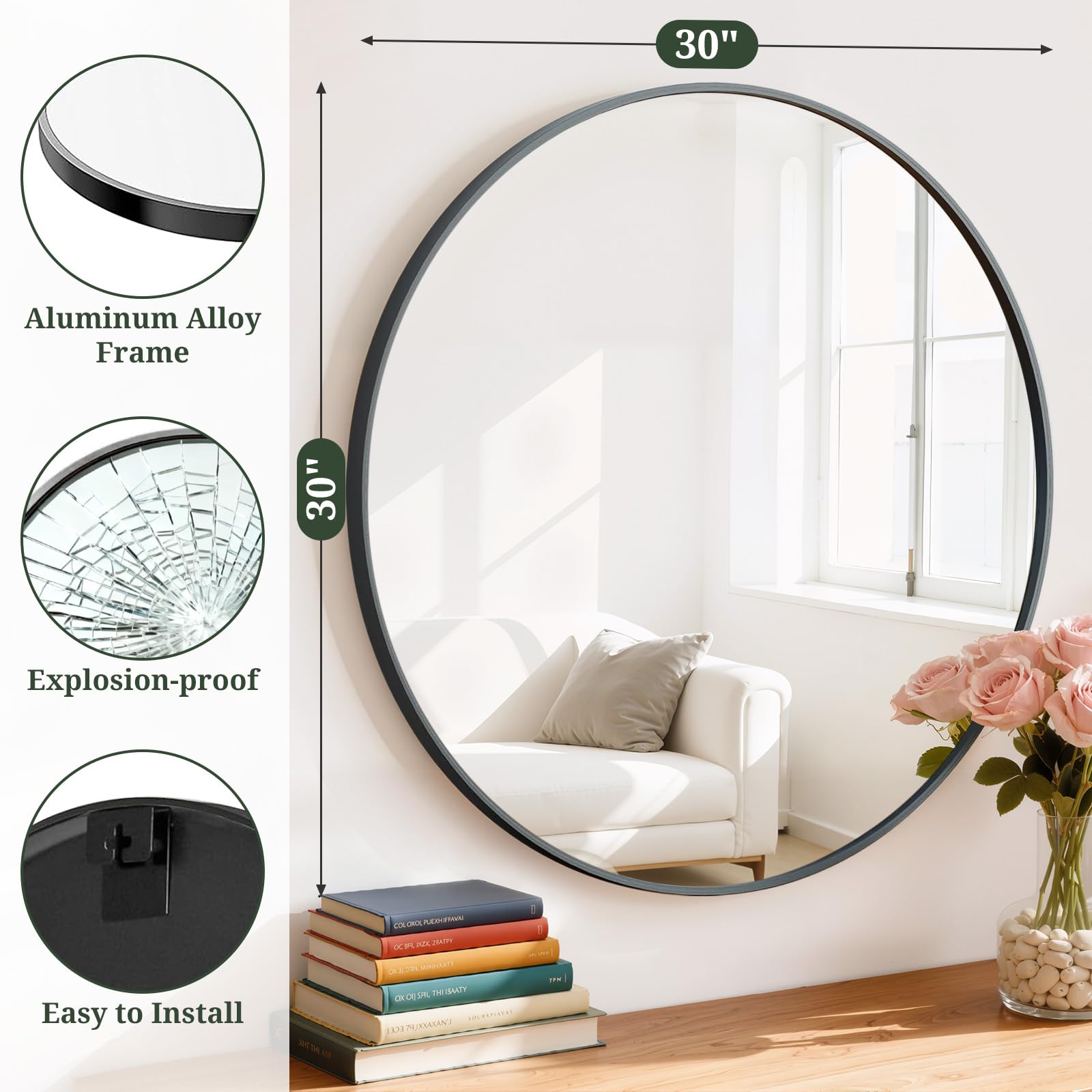SageNest round mirror metal frame detail emphasizes durability
