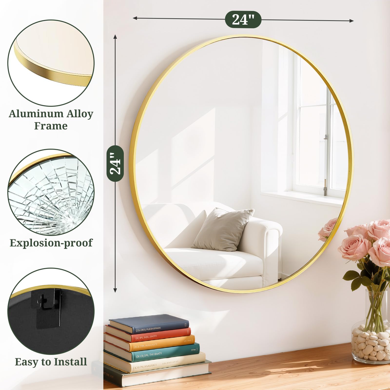 SageNest mirror close-up shows durable gold metal frame and refined edge detail