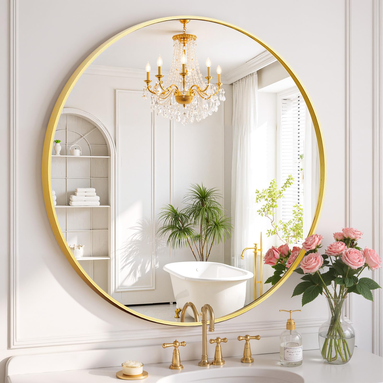 SageNest round wall mirror with 30-inch gold frame reflects brightness, ideal for small bathrooms.
