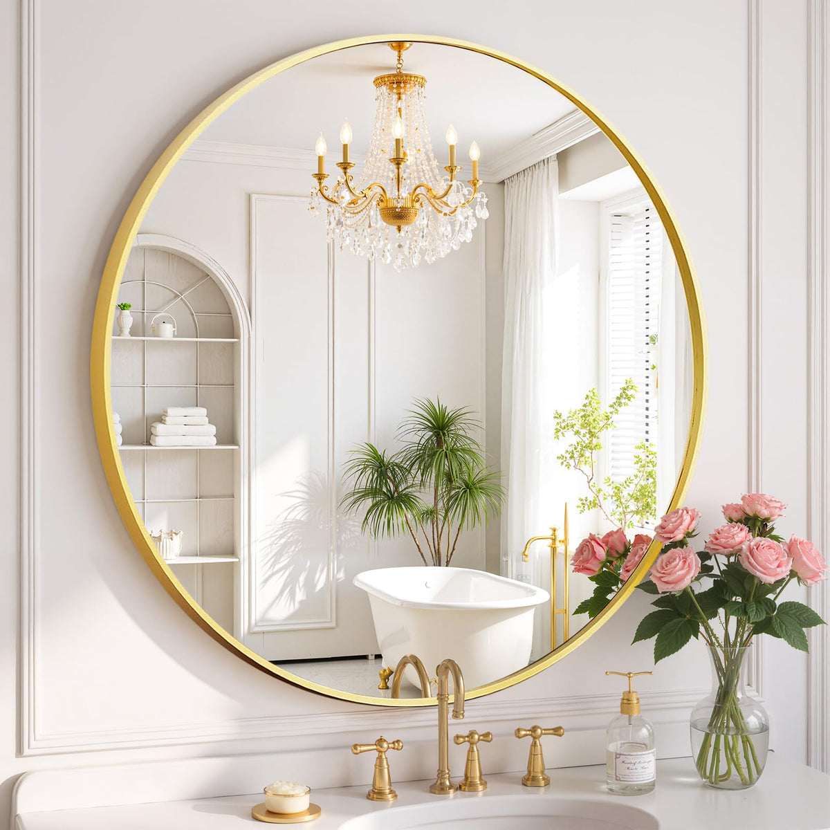 SageNest round wall mirror with 30-inch gold frame reflects brightness, ideal for small bathrooms.