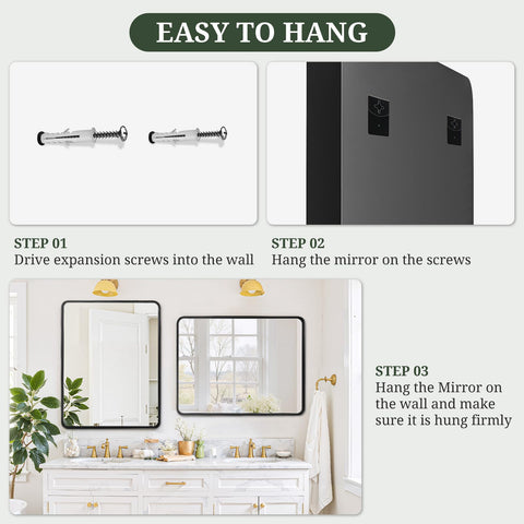 SageNest wall-mount bathroom mirror supports vertical or horizontal hanging.
