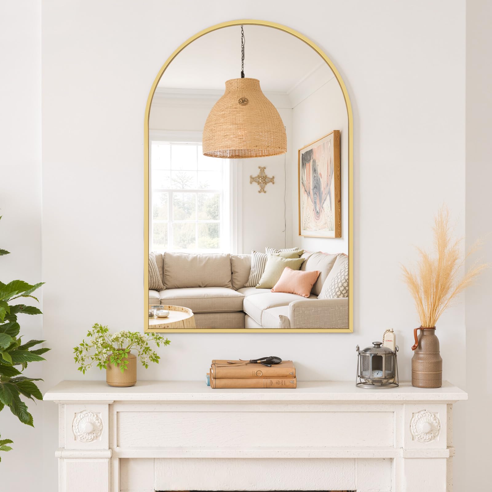 SageNest wall-mounted arch mirror shown in entryway for a welcoming vibe.