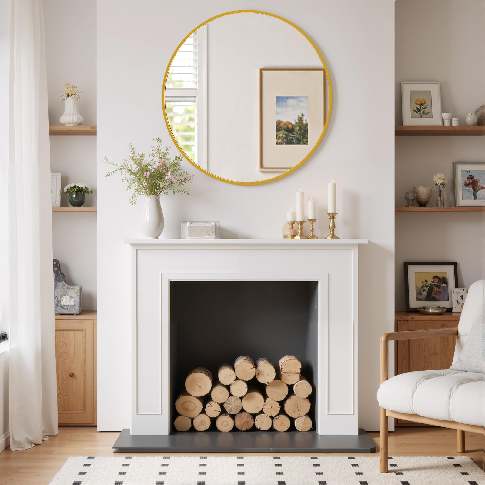 SageNest wall-mounted round mirror suits living rooms as a stylish statement piece.