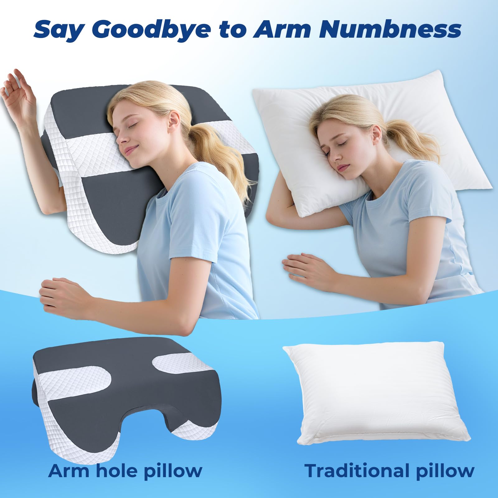 SAHEYER arm-hole pillow offers adjustable arm positions for customized comfort.