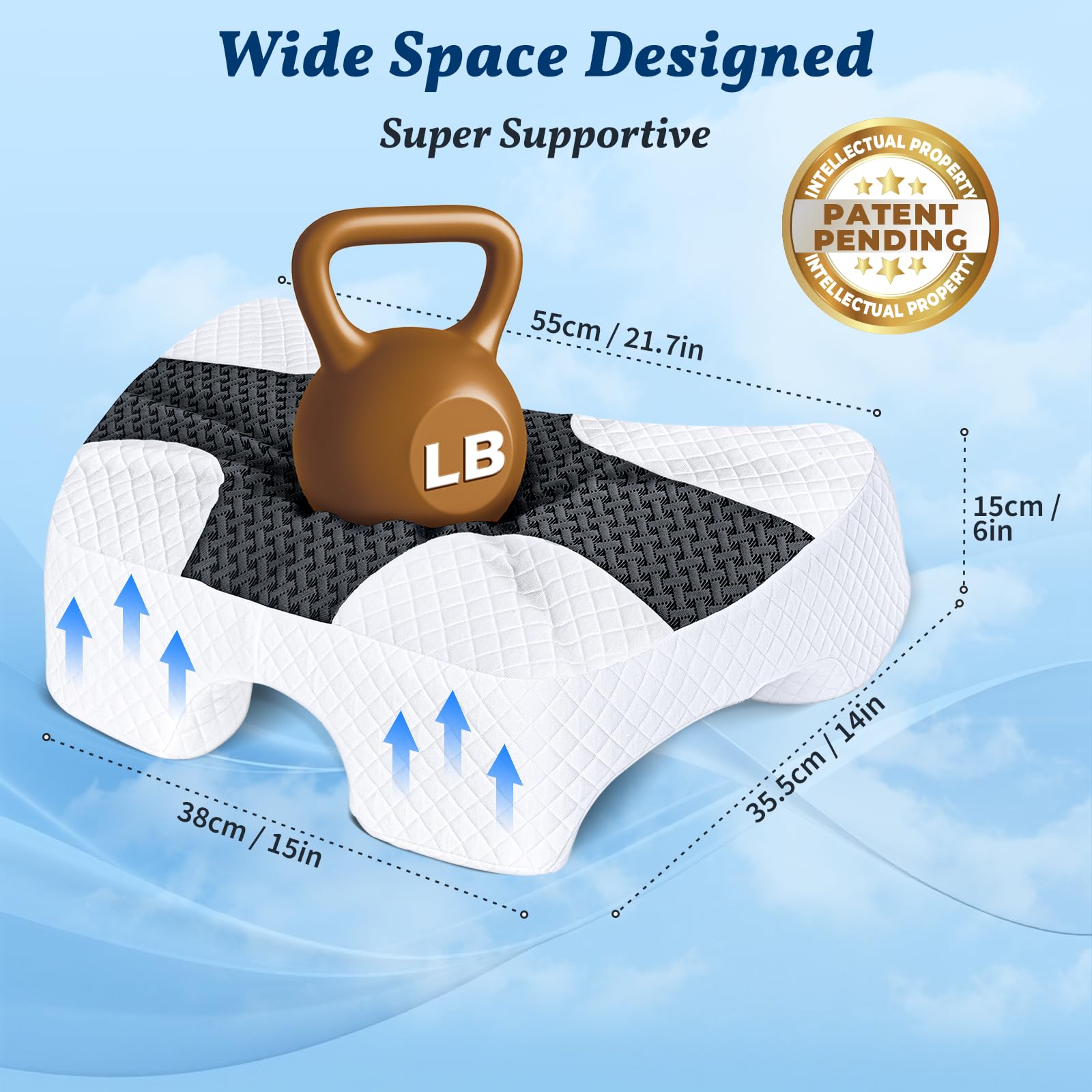 SAHEYER ergonomic memory foam core contours to neck and shoulders.