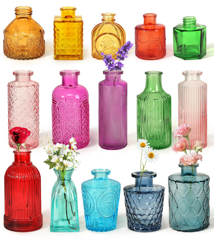 Saiguomi 15-color bud vase set viewed as a vibrant centerpiece collection