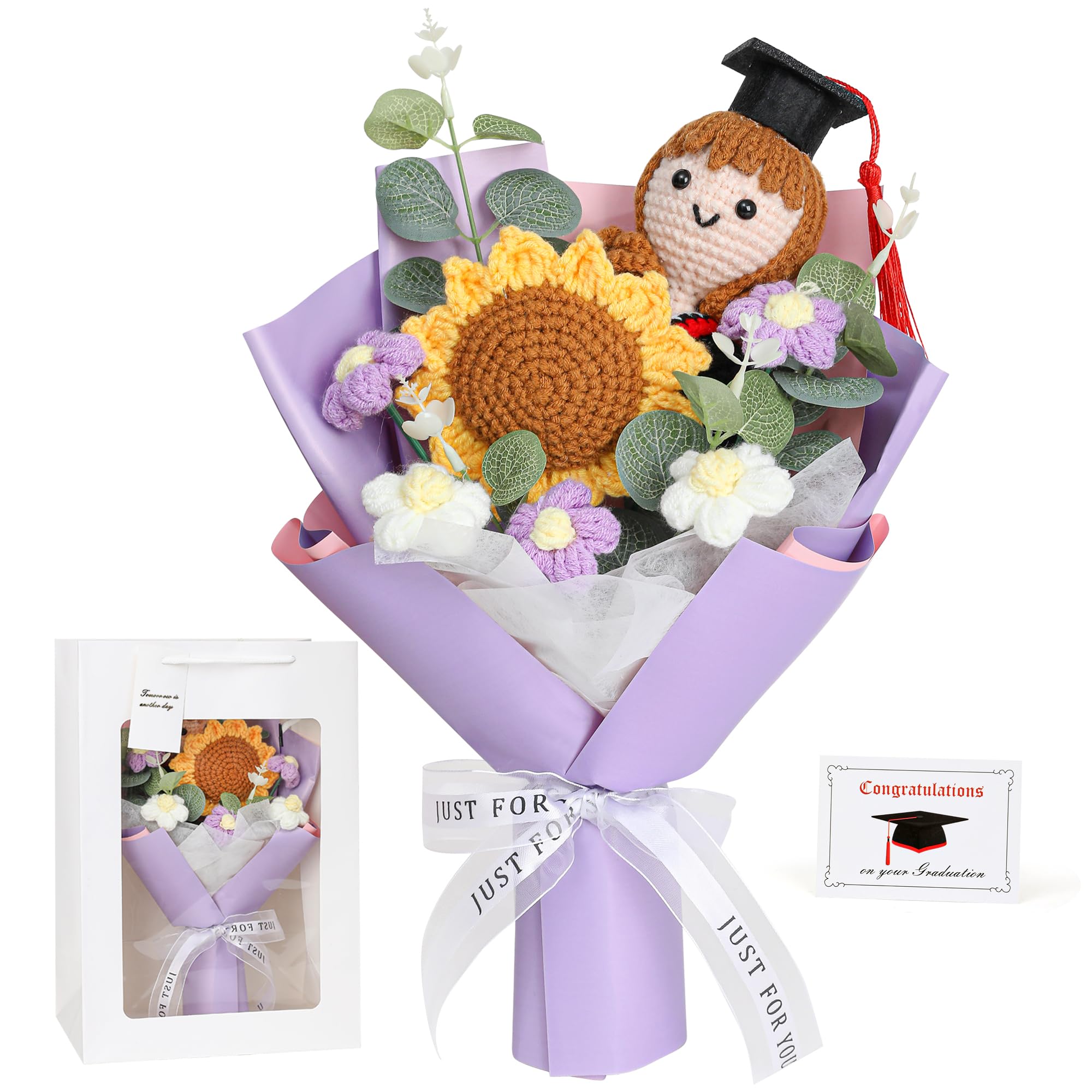 Saiguomi graduation bouquet with sunflowers and daisies in purple for a lasting keepsake