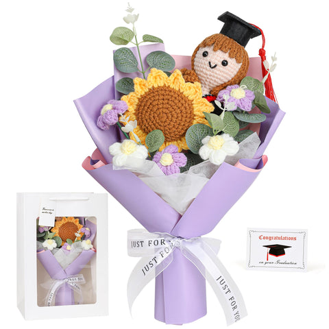 Saiguomi graduation bouquet with sunflowers and daisies in purple for a lasting keepsake