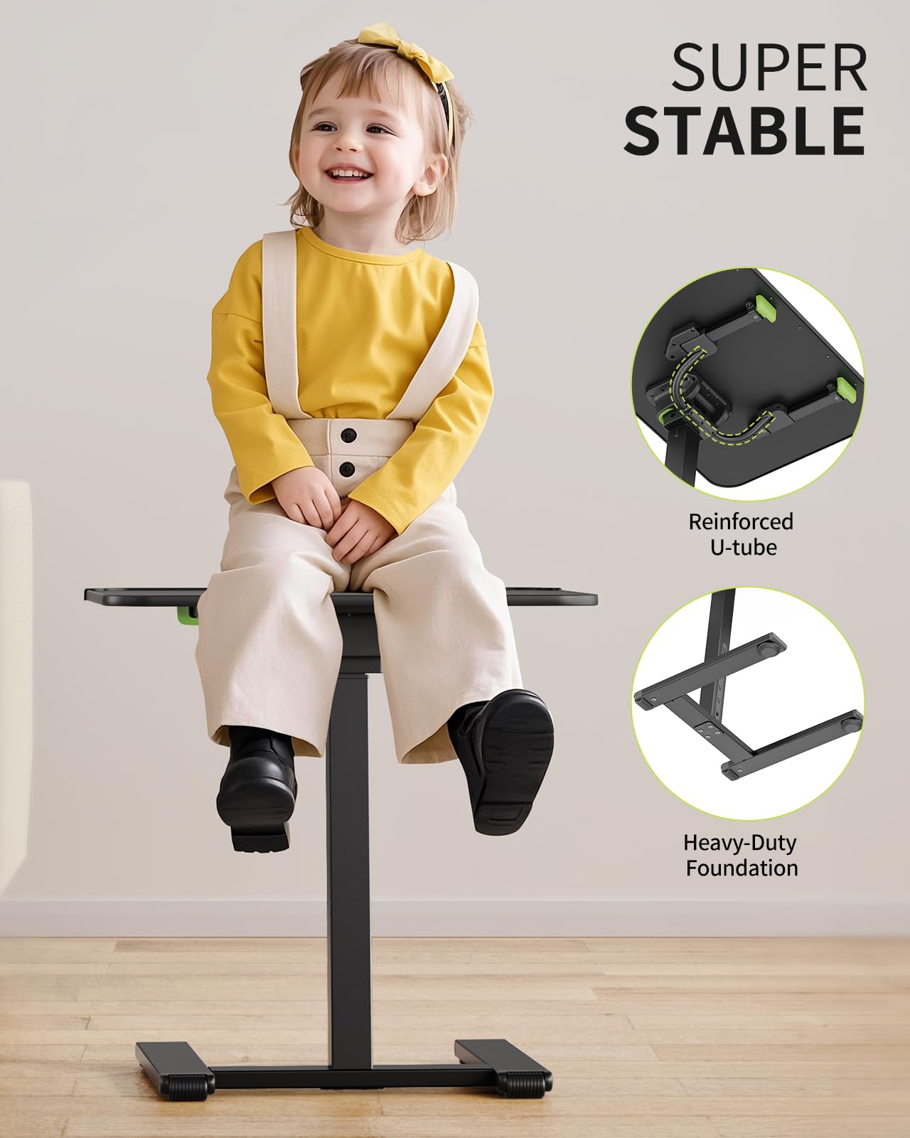 SAIJI sturdy TV tray table with wheels side view highlights height-adjustable design on legs