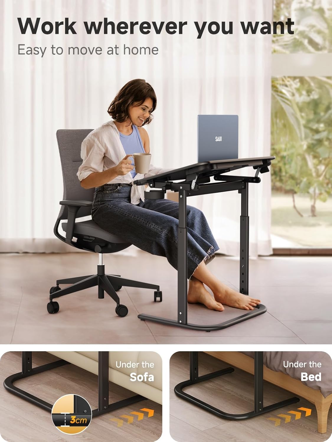 SAIJI XXL TV Tray Table drawer and hook for organized storage.