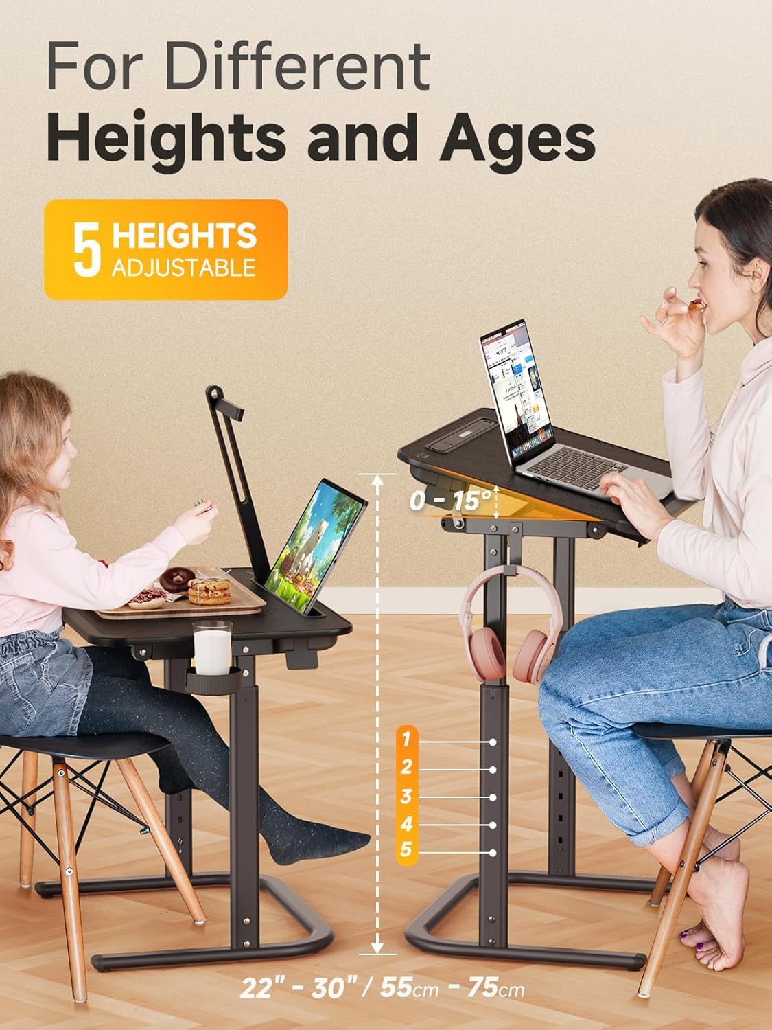SAIJI XXL TV Tray Table height-adjustable legs for comfortable seating.
